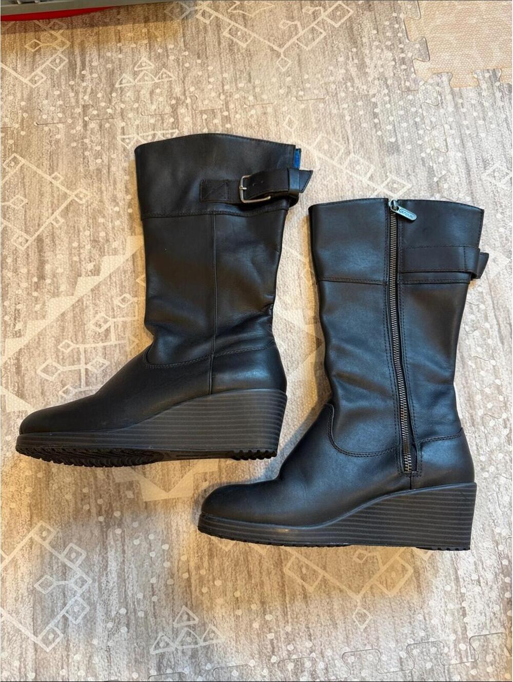 CROCS Black Wedge Mid-Calf Zip & Buckle Boots
